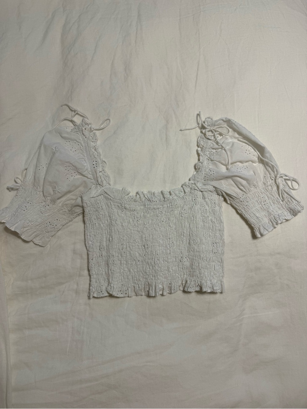 White Eyelet Smocked Puff Sleeve Crop Top
